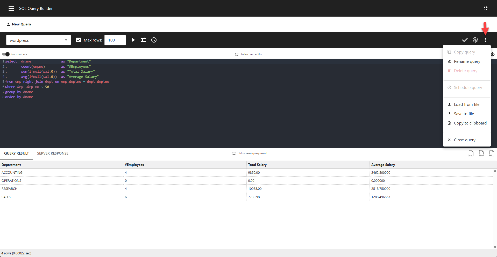 WP Data Access - Query Builder - Query Menu